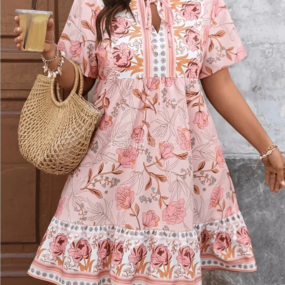 Floral Tie-Neck Midi Dress in Blush Pink